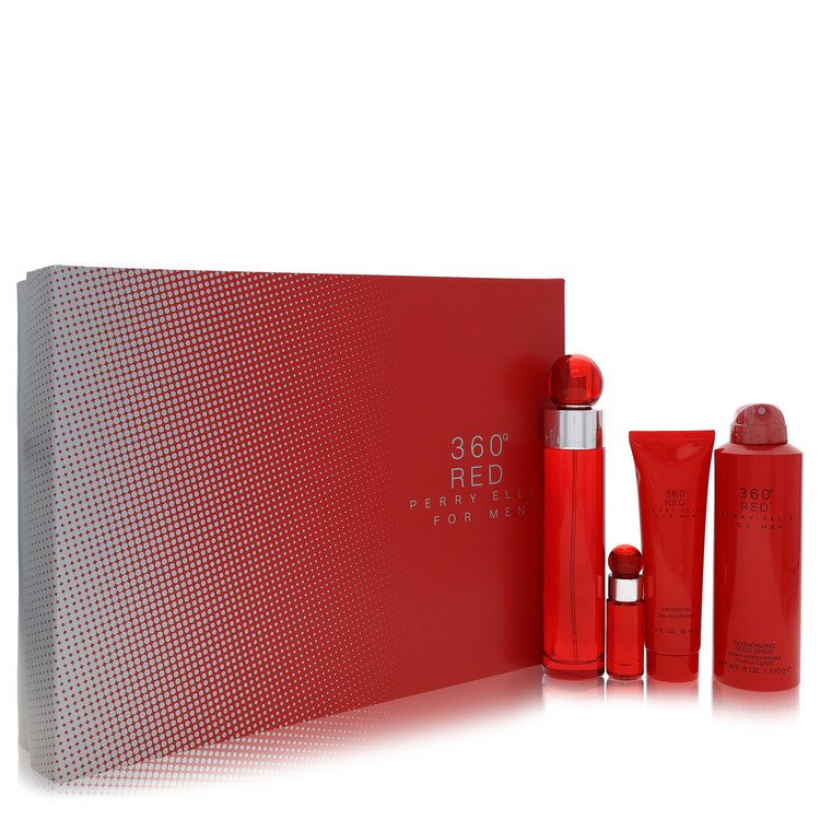 Perry Ellis 360 Red Gift Set – 3.4 oz/100 ml EDT, 0.25 oz/7.5 ml Mini EDT, 6 oz/177 ml Body Spray, 3 oz/89 ml Shower Gel