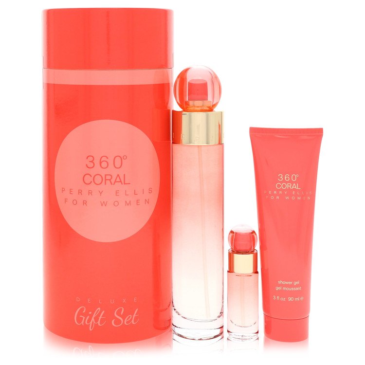 Perry Ellis 360 Coral Gift Set – 3.4 oz (100 ml) Eau de Parfum, 0.25 oz (7 ml) Mini Spray, 3 oz (90 ml) Shower Gel